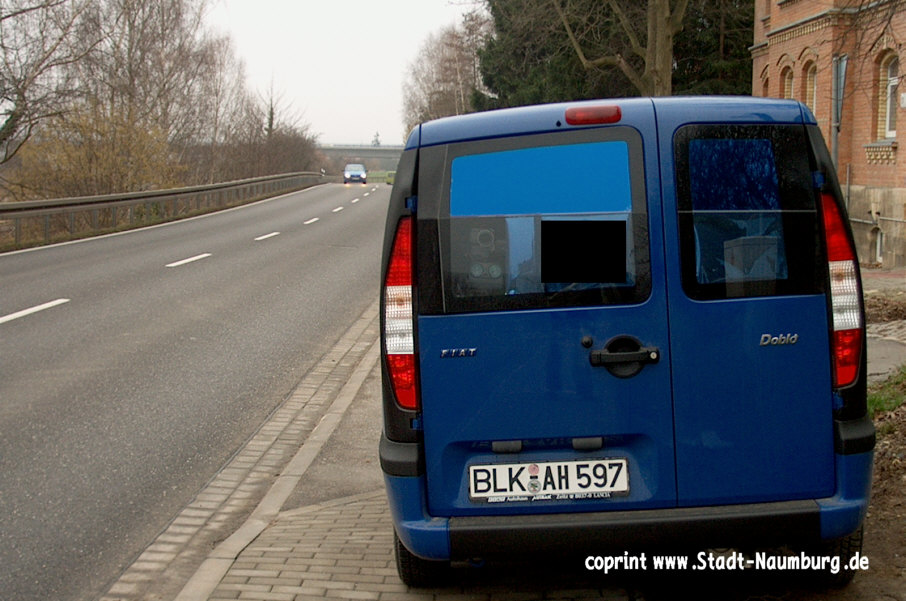 Flitzerblitzer, Messfahrzeug Geschwindigkeitsmessung Burgenlandkreis blauer Fiat Duplo, Kennzeichen BLK-AH 597