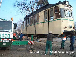 Straßenbahnwagen 38 bei der Ankunft aus Jena