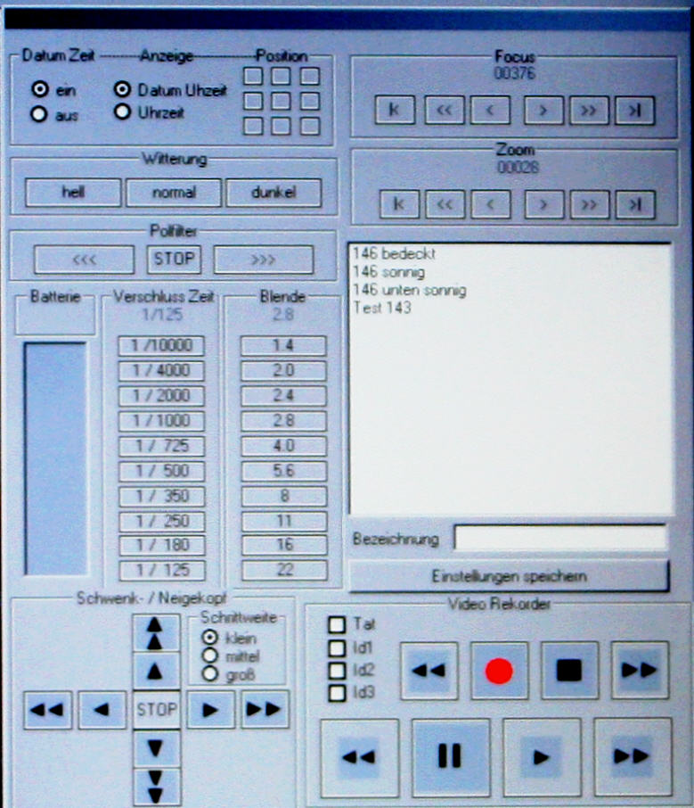 Einstellmöglichkeiten VKS 3.01 Blendenzahl, Belichtungszeit, Witterung, Datum, Uhrzeit, Zoom, Fokus, Polfilter